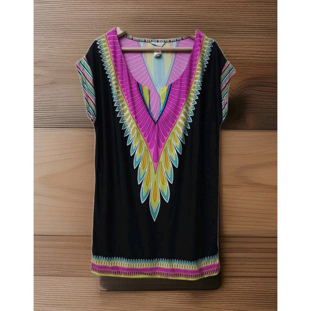 Trina Turk Yucateca Tunic Swim Cover Tunic Black Red Multi Short Caftan Size M